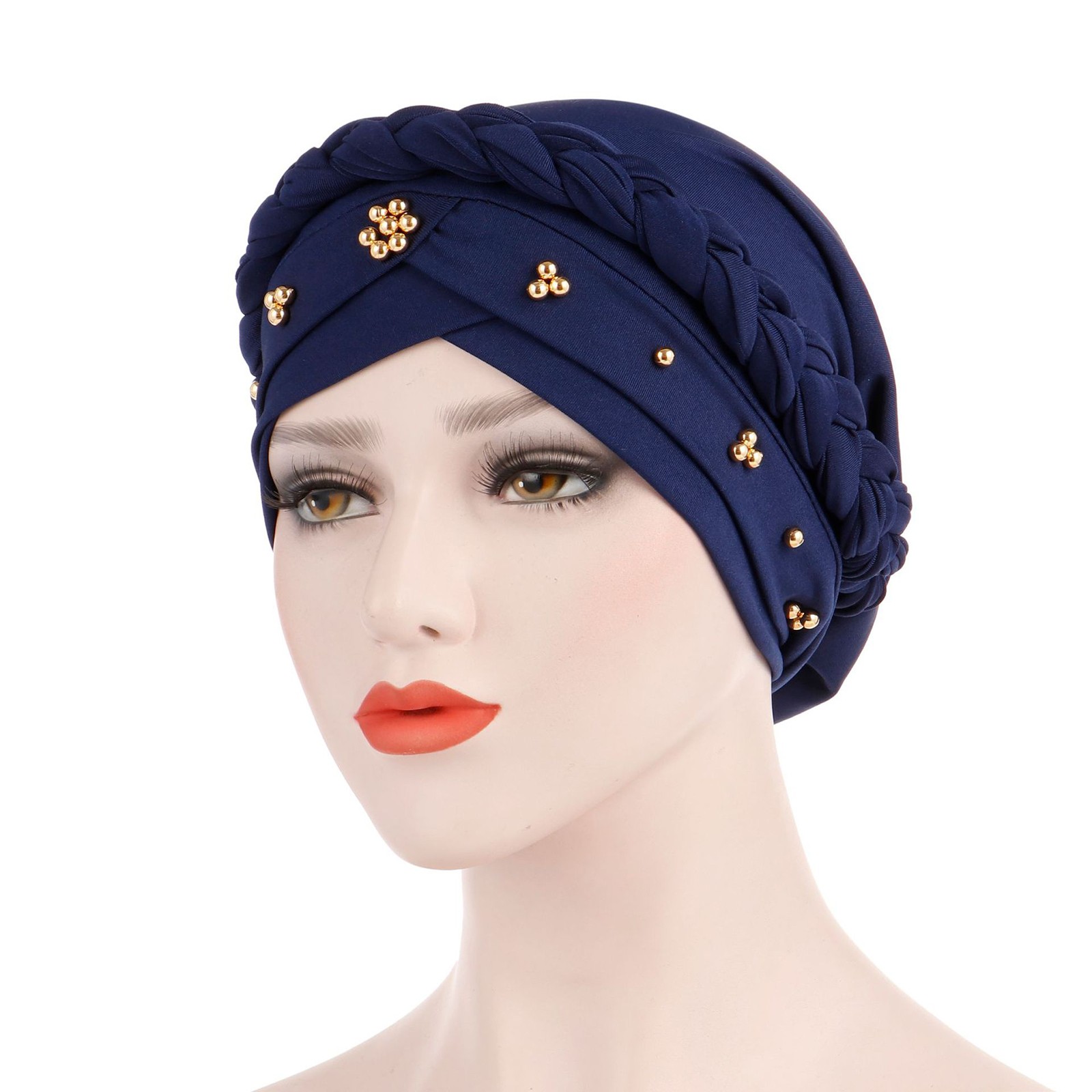 thumbnail image 4 of Gorro turbante trenzado con cuentas para mujer: elegante gorro con pañuelo para mujeres musulmanas o embarazadas, cubre el cabello con un elástico suave, apto para todas las estaciones, 4 of 4